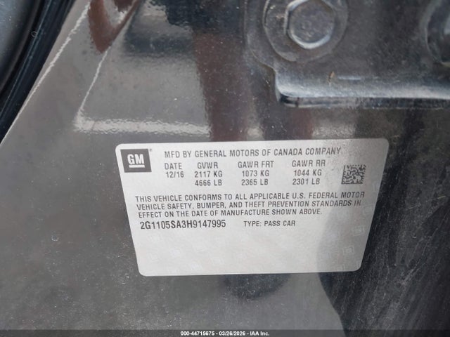 2017 Chevrolet Impala 1lt მანქანა იყიდება აუქციონზე, vin: 2G1105SA3H9147995, აუქციონის ნომერი: 44715675