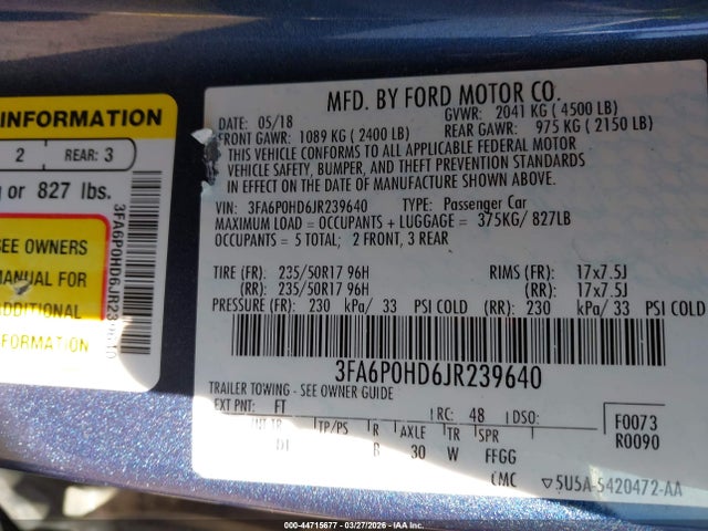 Aukcja sprzedaży 2018 Ford Fusion Se, vin: 3FA6P0HD6JR239640, numer aukcji: 44715677