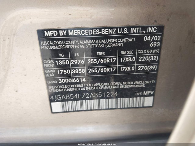 Aukcja sprzedaży 2002 Mercedes-benz Ml 320, vin: 4JGAB54E72A351224, numer aukcji: 44715686