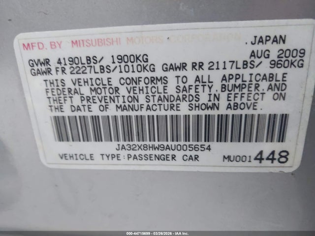 Продаж на аукціоні авто 2010 Mitsubishi Lancer Sportback Gts, vin: JA32X8HW9AU005654, номер лоту: 44715699