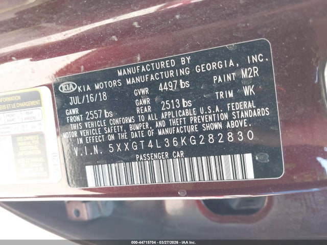 2019 Kia Optima Lx მანქანა იყიდება აუქციონზე, vin: 5XXGT4L36KG282830, აუქციონის ნომერი: 44715704