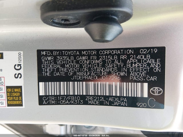 2020 Toyota Corolla Le მანქანა იყიდება აუქციონზე, vin: JTDEPRAE0LJ017296, აუქციონის ნომერი: 44715730