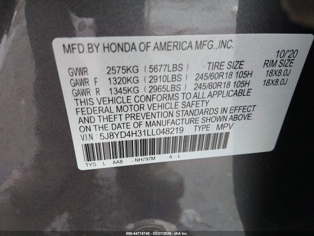 44715740 :رقم المزاد ، 5J8YD4H31LL048219 vin ، 2020 Acura Mdx Standard مزاد بيع