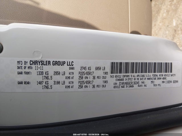 2012 Volkswagen Routan Se მანქანა იყიდება აუქციონზე, vin: 2C4RVABG6CR136345, აუქციონის ნომერი: 44715785