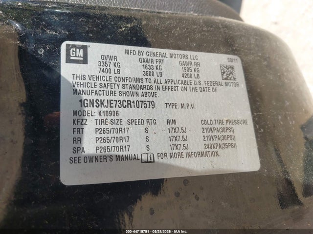 Aukcja sprzedaży 2012 Chevrolet Suburban 1500 Lt, vin: 1GNSKJE73CR107579, numer aukcji: 44715791