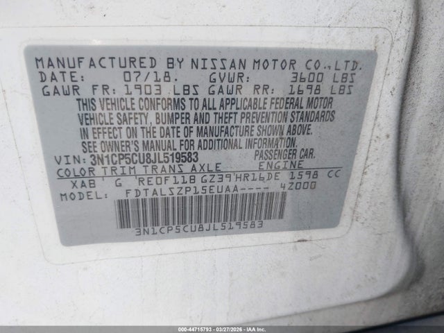 Aukcja sprzedaży 2018 Nissan Kicks Sv, vin: 3N1CP5CU8JL519583, numer aukcji: 44715793