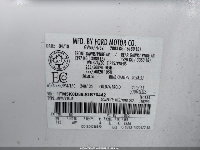Ford EXPLORER XLT 2018 1FM5K8D89JGB70442 Image 9