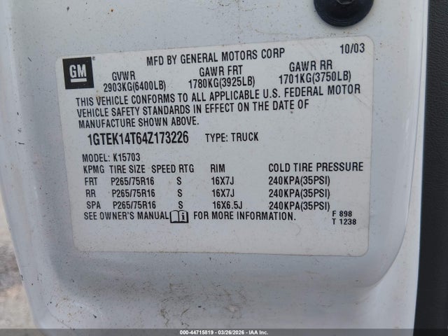 44715819 :رقم المزاد ، 1GTEK14T64Z173226 vin ، 2004 Gmc Sierra 1500 Sle مزاد بيع