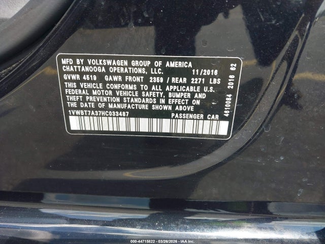 2017 Volkswagen Passat 1.8t Se მანქანა იყიდება აუქციონზე, vin: 1VWBT7A37HC033487, აუქციონის ნომერი: 44715822