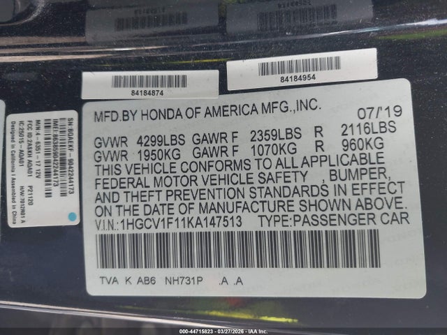 44715823 :رقم المزاد ، 1HGCV1F11KA147513 vin ، 2019 Honda Accord Lx مزاد بيع