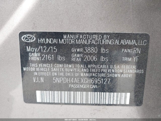 5NPDH4AEXGH695127 Hyundai ELANTRA SE