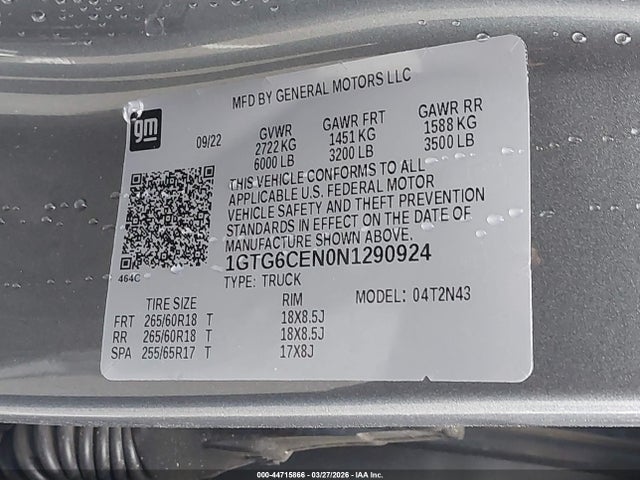 Aukcja sprzedaży 2022 Gmc Canyon 4wd  Short Box Elevation, vin: 1GTG6CEN0N1290924, numer aukcji: 44715866