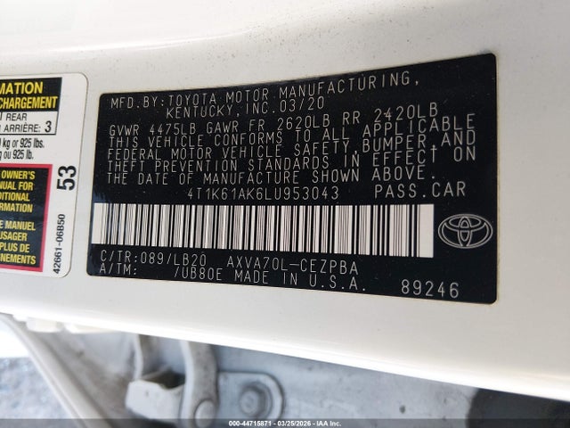 Toyota CAMRY XSE 2020 4T1K61AK6LU953043 Image 9
