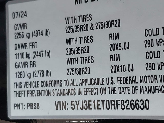 Продаж на аукціоні авто 2024 Tesla Model 3 Performance All-wheel Drive, vin: 5YJ3E1ET0RF826630, номер лоту: 44715873