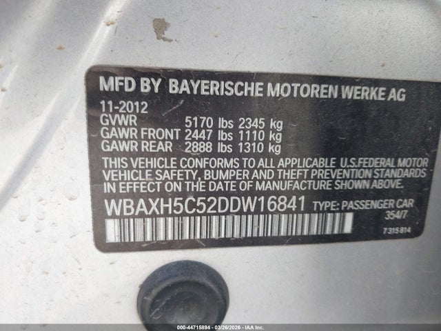 2013 Bmw 528i Xdrive მანქანა იყიდება აუქციონზე, vin: WBAXH5C52DDW16841, აუქციონის ნომერი: 44715894