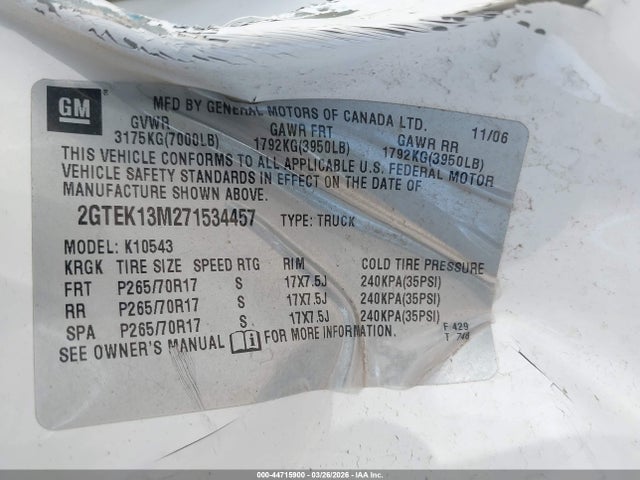 Aukcja sprzedaży 2007 Gmc Sierra 1500 Slt, vin: 2GTEK13M271534457, numer aukcji: 44715900