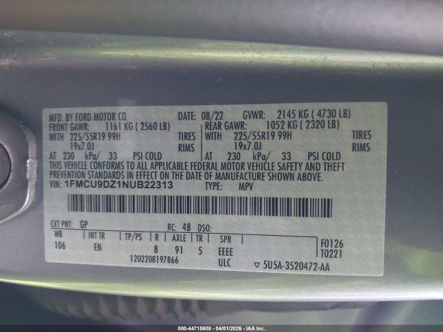 44715908 :رقم المزاد ، 1FMCU9DZ1NUB22313 vin ، 2022 Ford Escape Titanium Hybrid مزاد بيع