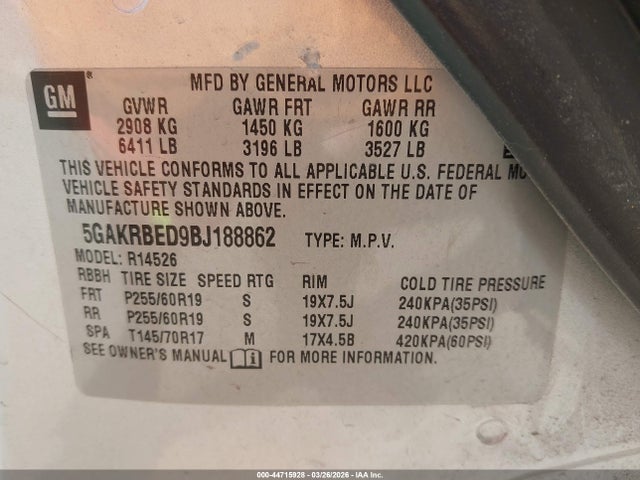 Aukcja sprzedaży 2011 Buick Enclave 1xl, vin: 5GAKRBED9BJ188862, numer aukcji: 44715928
