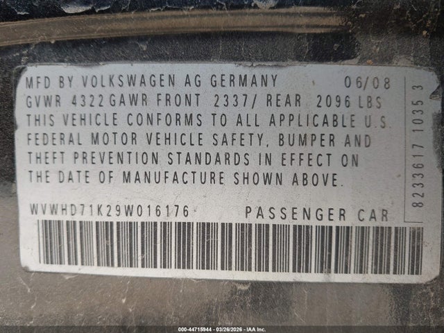 44715944 :رقم المزاد ، WVWHD71K29W016176 vin ، 2009 Volkswagen Gti 4-door مزاد بيع