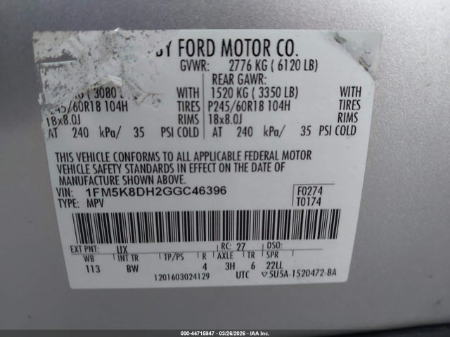 44715947 :رقم المزاد ، 1FM5K8DH2GGC46396 vin ، 2016 Ford Explorer Xlt مزاد بيع