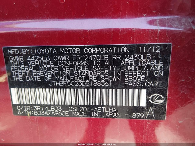 2013 Lexus Is 250 მანქანა იყიდება აუქციონზე, vin: JTHBF5C23D5188361, აუქციონის ნომერი: 44715951