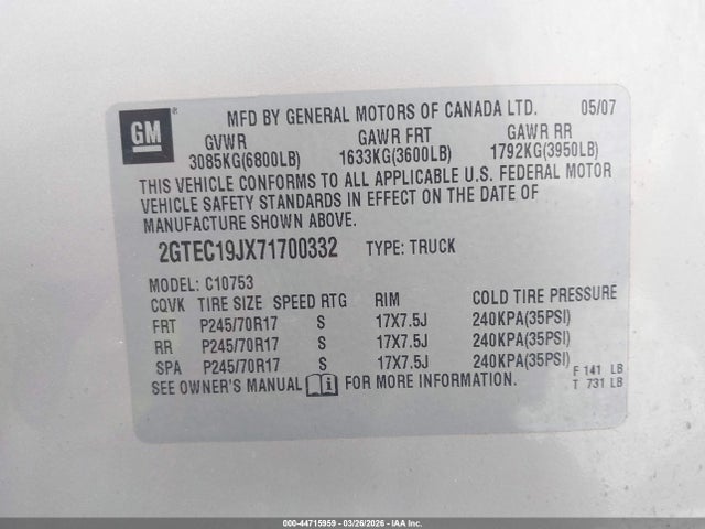 44715959 :رقم المزاد ، 2GTEC19JX71700332 vin ، 2007 Gmc Sierra 1500 Sle1 مزاد بيع