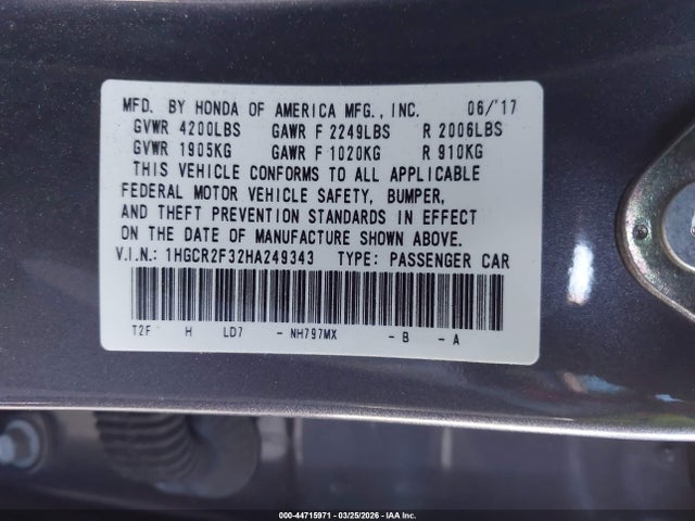 Honda ACCORD LX 2017 1HGCR2F32HA249343 Image 9