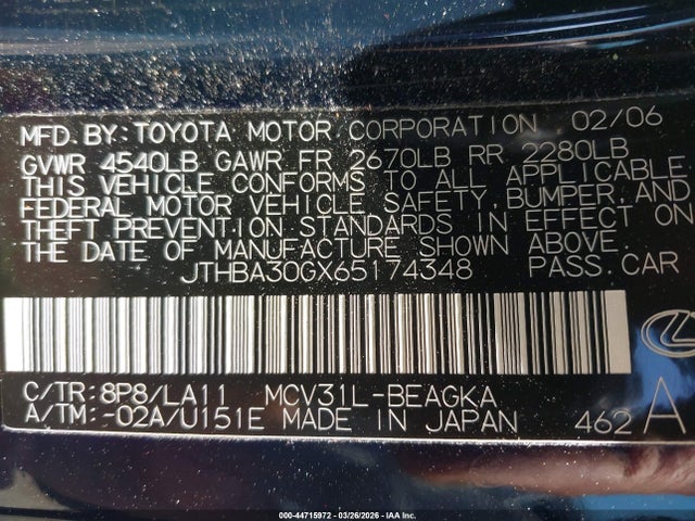 44715972 :رقم المزاد ، JTHBA30GX65174348 vin ، 2006 Lexus Es 330 مزاد بيع
