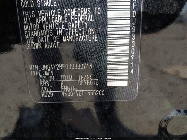 2018 Nissan Armada Platinum მანქანა იყიდება აუქციონზე, vin: JN8AY2NF0J9330714, აუქციონის ნომერი: 44715983