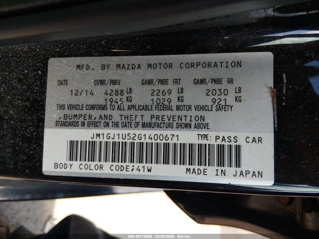 2016 Mazda Mazda6 მანქანა იყიდება აუქციონზე, vin: JM1GJ1U52G1400671, აუქციონის ნომერი: 44715989