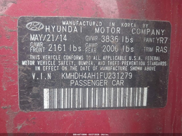 Продажа на аукционе авто 2015 Hyundai Elantra Sport, vin: KMHDH4AH1FU231279, номер лота: 44715996