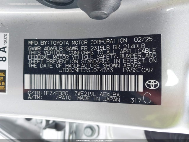 Aukcja sprzedaży 2025 Toyota Corolla Hybrid Le, vin: JTDBCMFE2SJ044783, numer aukcji: 44716000