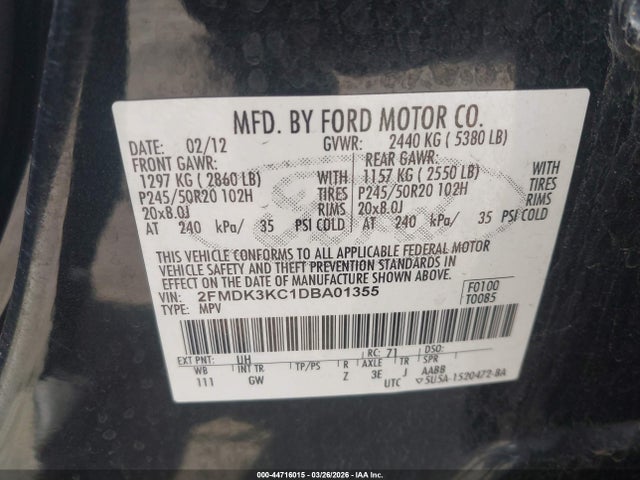 2013 Ford Edge Limited მანქანა იყიდება აუქციონზე, vin: 2FMDK3KC1DBA01355, აუქციონის ნომერი: 44716015