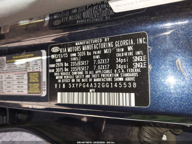 2016 Kia Sorento 2.4l Lx მანქანა იყიდება აუქციონზე, vin: 5XYPG4A32GG145538, აუქციონის ნომერი: 44716019