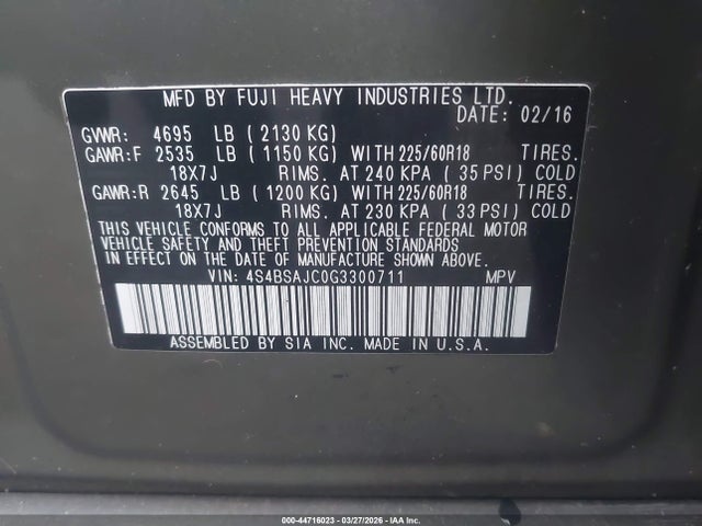 44716023 :رقم المزاد ، 4S4BSAJC0G3300711 vin ، 2016 Subaru Outback 2.5i Limited مزاد بيع