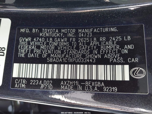 2023 Lexus Es 300h მანქანა იყიდება აუქციონზე, vin: 58ADA1C1XPU033443, აუქციონის ნომერი: 44716042