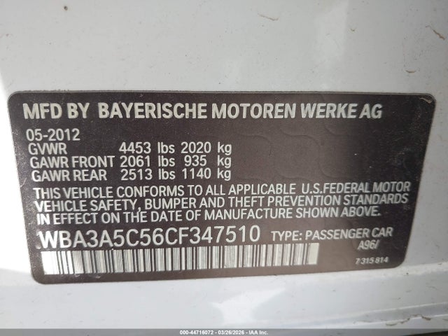 44716072 :رقم المزاد ، WBA3A5C56CF347510 vin ، 2012 Bmw 328i مزاد بيع