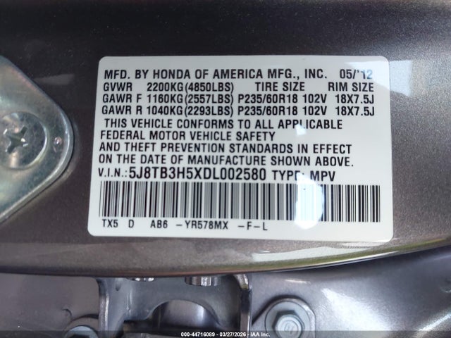 Auction sale of the 2013 Acura Rdx, vin: 5J8TB3H5XDL002580, lot number: 44716089