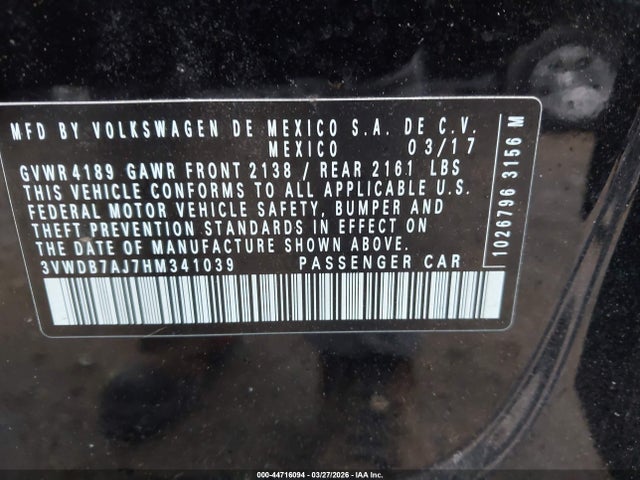 Aukcja sprzedaży 2017 Volkswagen Jetta 1.4t Se, vin: 3VWDB7AJ7HM341039, numer aukcji: 44716094