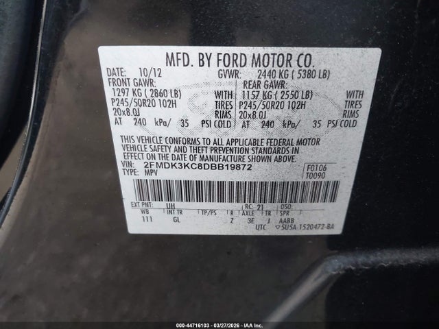 44716103 :رقم المزاد ، 2FMDK3KC8DBB19872 vin ، 2013 Ford Edge Limited مزاد بيع