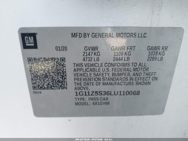 Aukcja sprzedaży 2020 Chevrolet Impala Fwd Lt, vin: 1G11Z5S36LU110068, numer aukcji: 44716106