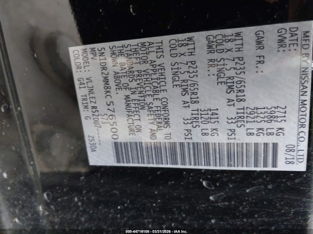 5N1DR2MM8KC576500 Nissan Pathfinder Sv