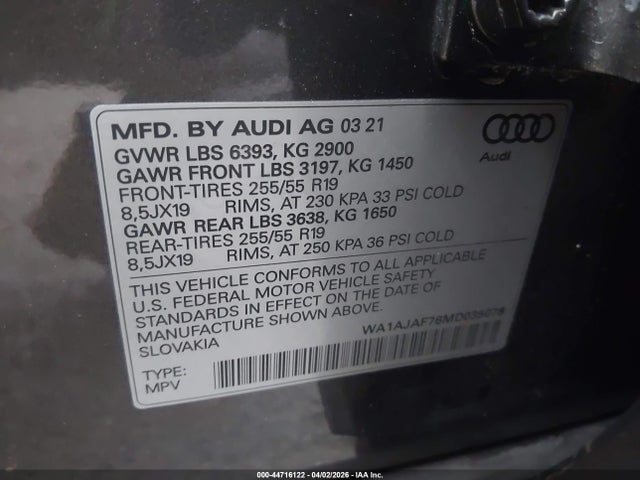 44716122 :رقم المزاد ، WA1AJAF76MD035078 vin ، 2021 Audi Q7 Premium 45 Tfsi Quattro Tiptronic مزاد بيع
