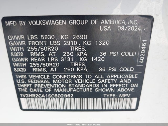 44716130 :رقم المزاد ، 1V2HR2CA1SC502962 vin ، 2025 Volkswagen Atlas 2.0t Se W/technology مزاد بيع