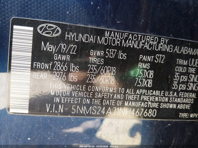 5NMS24AJ1NH467680 Hyundai Santa Fe Sel