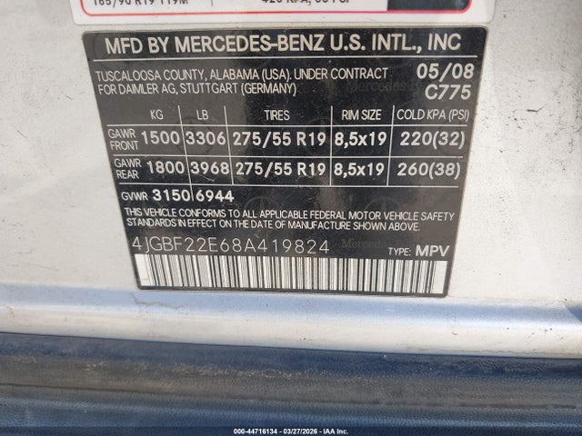 Aukcja sprzedaży 2008 Mercedes-benz Gl 320 Cdi 4matic, vin: 4JGBF22E68A419824, numer aukcji: 44716134