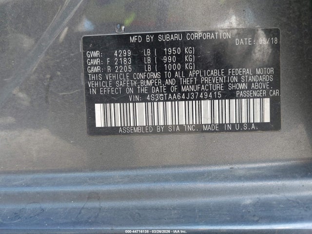 Aukcja sprzedaży 2018 Subaru Impreza 2.0i, vin: 4S3GTAA64J3749415, numer aukcji: 44716138