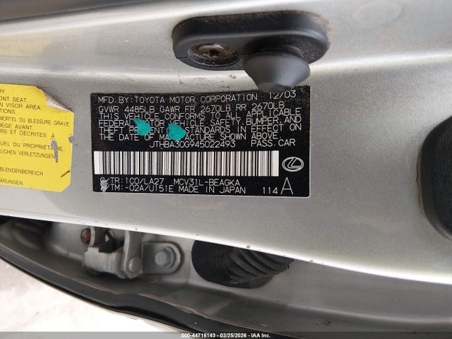Продаж на аукціоні авто 2004 Lexus Es 330, vin: JTHBA30G945022493, номер лоту: 44716143