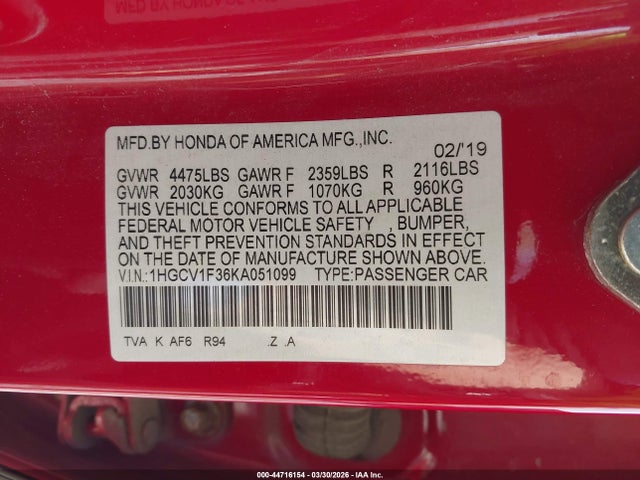 Aukcja sprzedaży 2019 Honda Accord Sport, vin: 1HGCV1F36KA051099, numer aukcji: 44716154