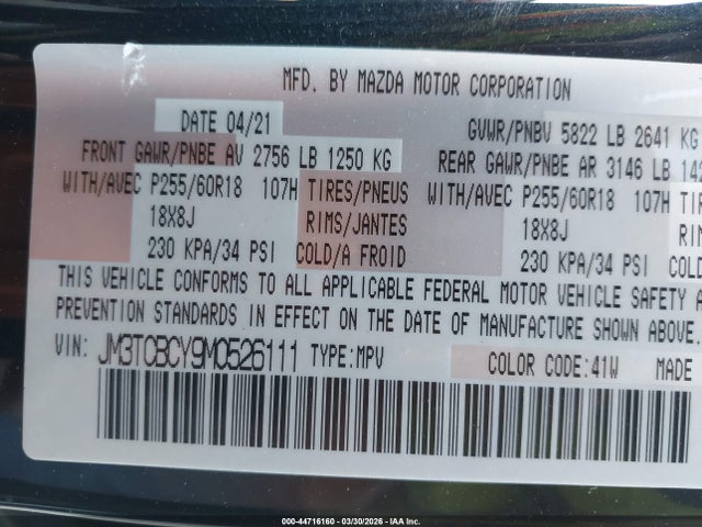 Aukcja sprzedaży 2021 Mazda Cx-9 Touring, vin: JM3TCBCY9M0526111, numer aukcji: 44716160